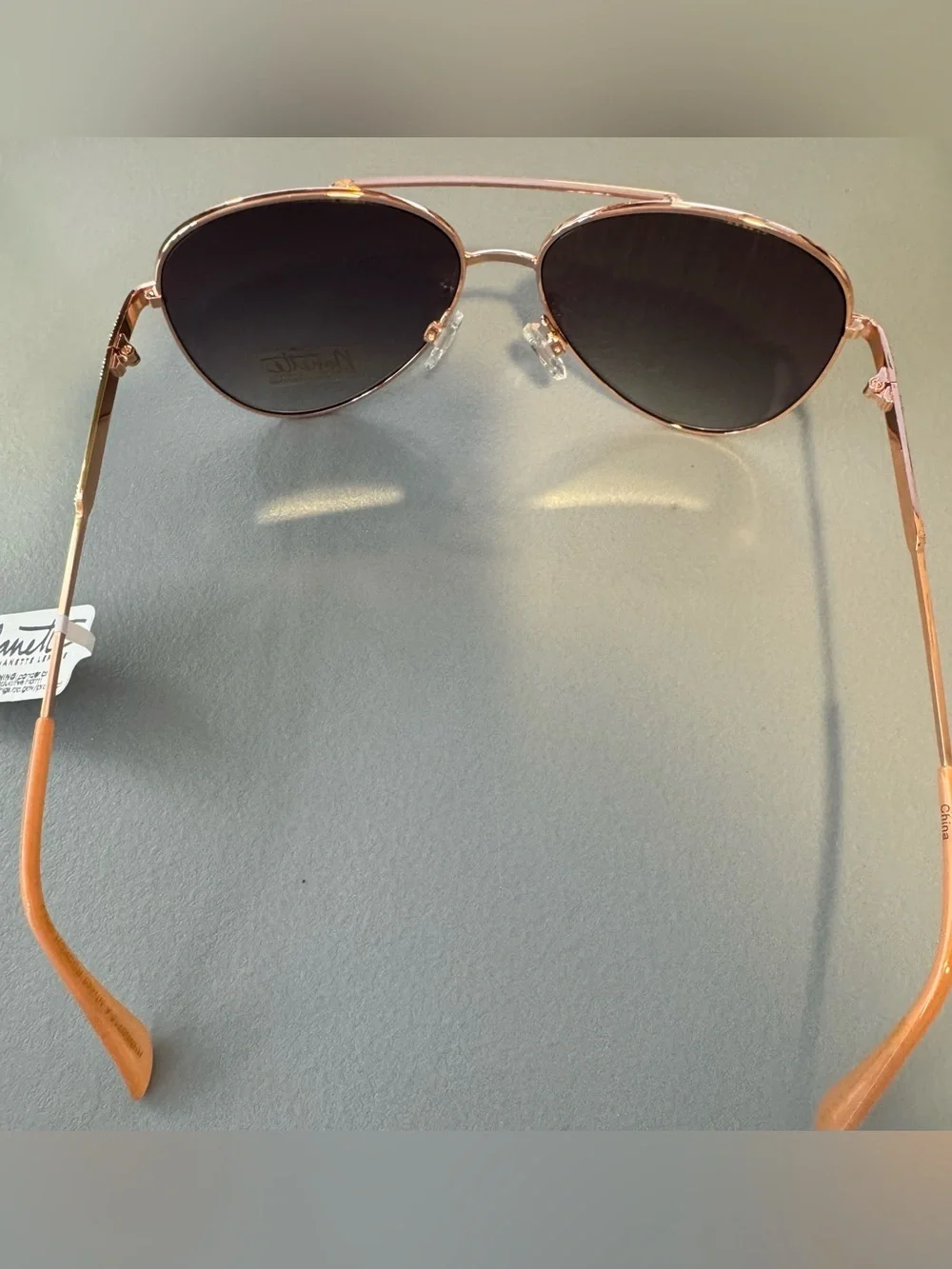 Nanette Lepore peach Rose Gold metal Frame Sunglasses Green Mirrored Lenses
